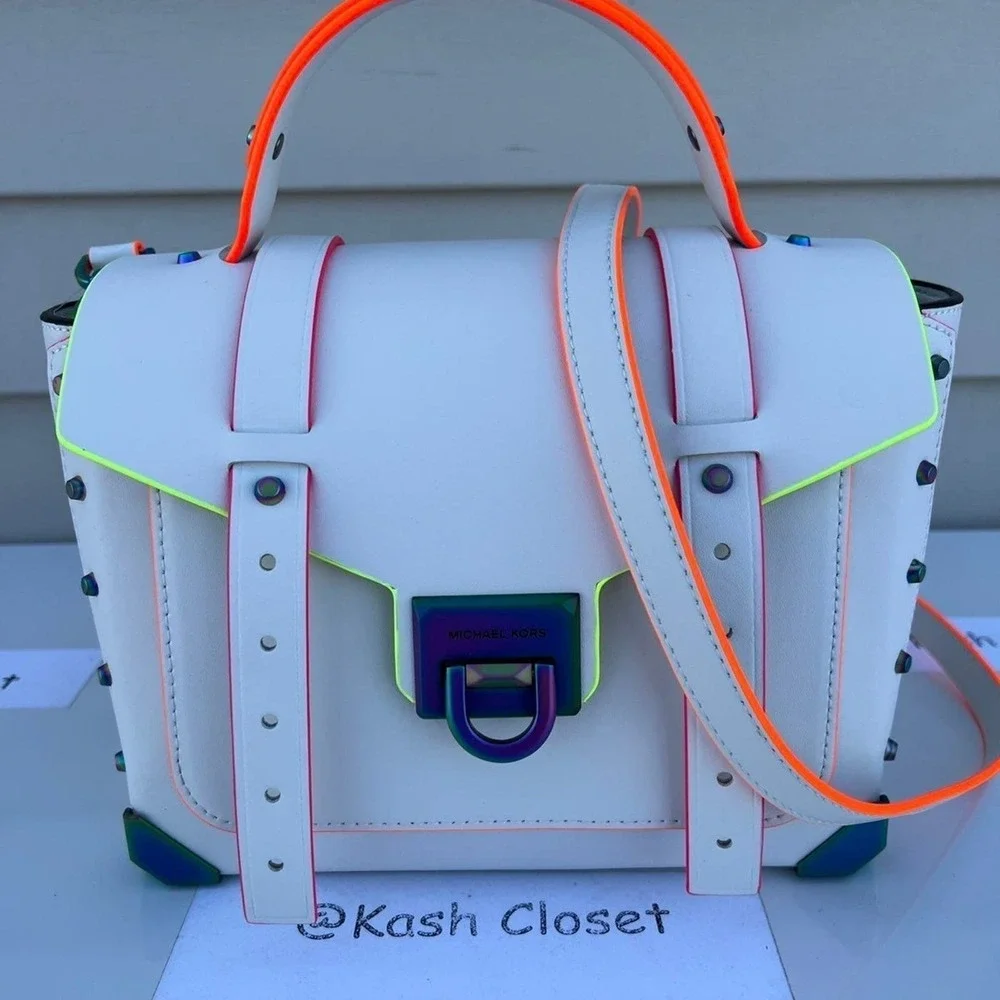 Michael Kors Manhattan Satchel Medium Leather Contrast-Trim Satchel Optic white - Picture 6 of 12